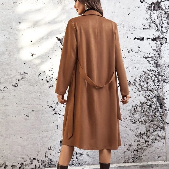 Brown Boho Womens Lapel Neck Belted Slant Pocket Coat - Picture 2 of 5